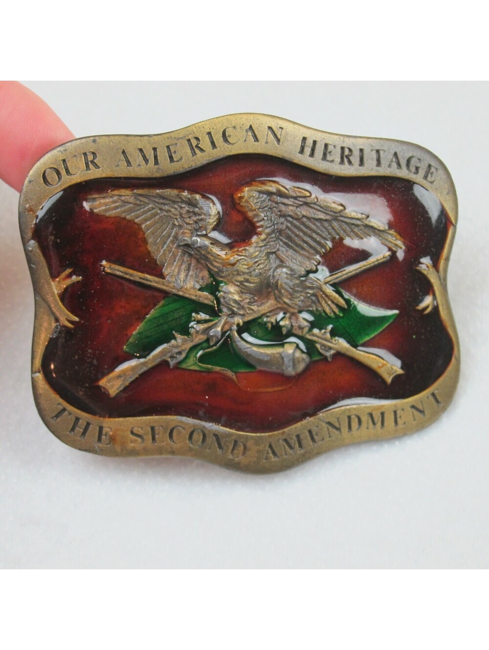 Vintage 1977 Second Amendment Belt Buckle Indiana Metal Craft Guns Brasstone USA
